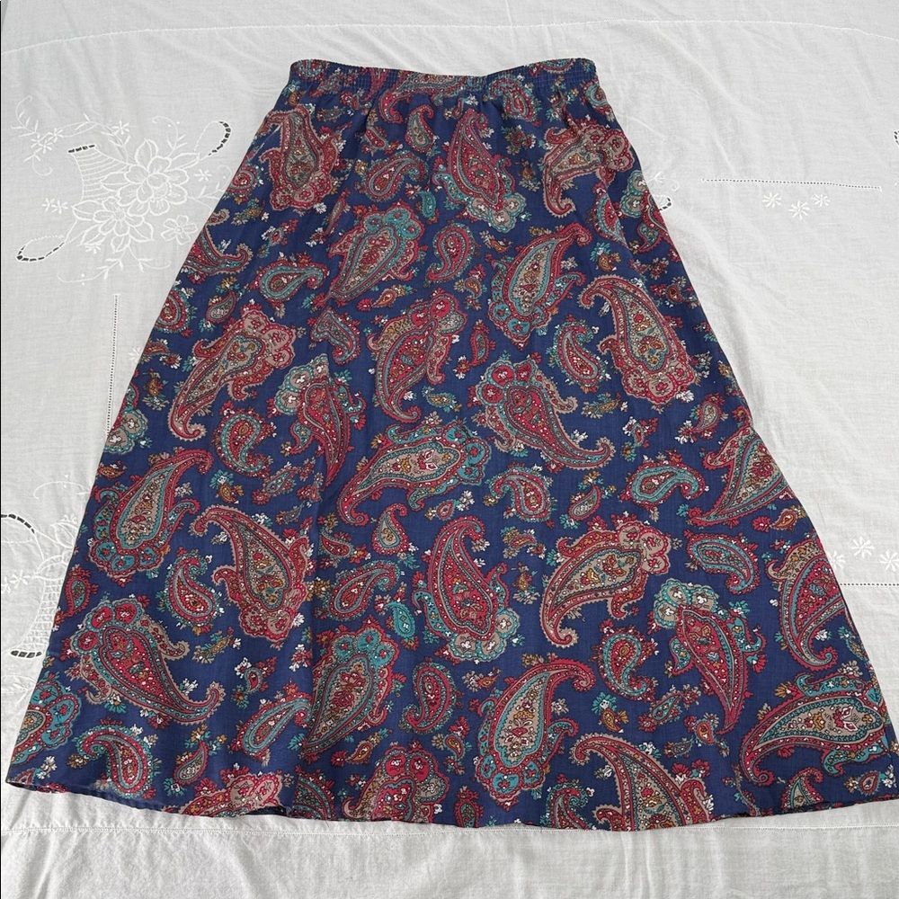 Paisley Print Skirt Wm 12 (Vintage) Blue Red Pull On Elastic Waist Midi 90s